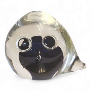 Vintage Owl Glass Paperweight, Clear with Blue Center, 1960s, Some pitting